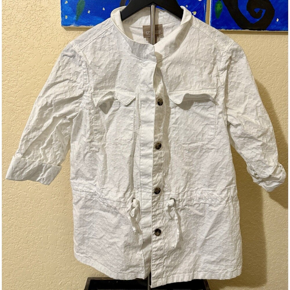 Chico’s Size 1 White Stretch Cotton Swiss Dot Drawstring Waist -Button Jacket